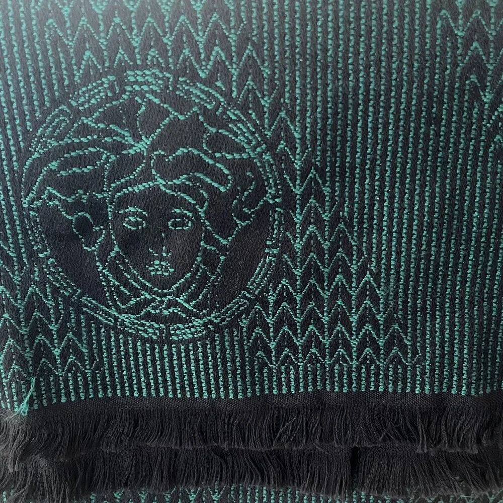 Versace Green Black Medusa Scarf Fringe Men's Women's
